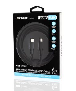 Cable Argom Dura Flex 65w Pd Fast Chrg Type-c To Type-c Silicone 1.8m/6ft Black Arg-cb-0070bk